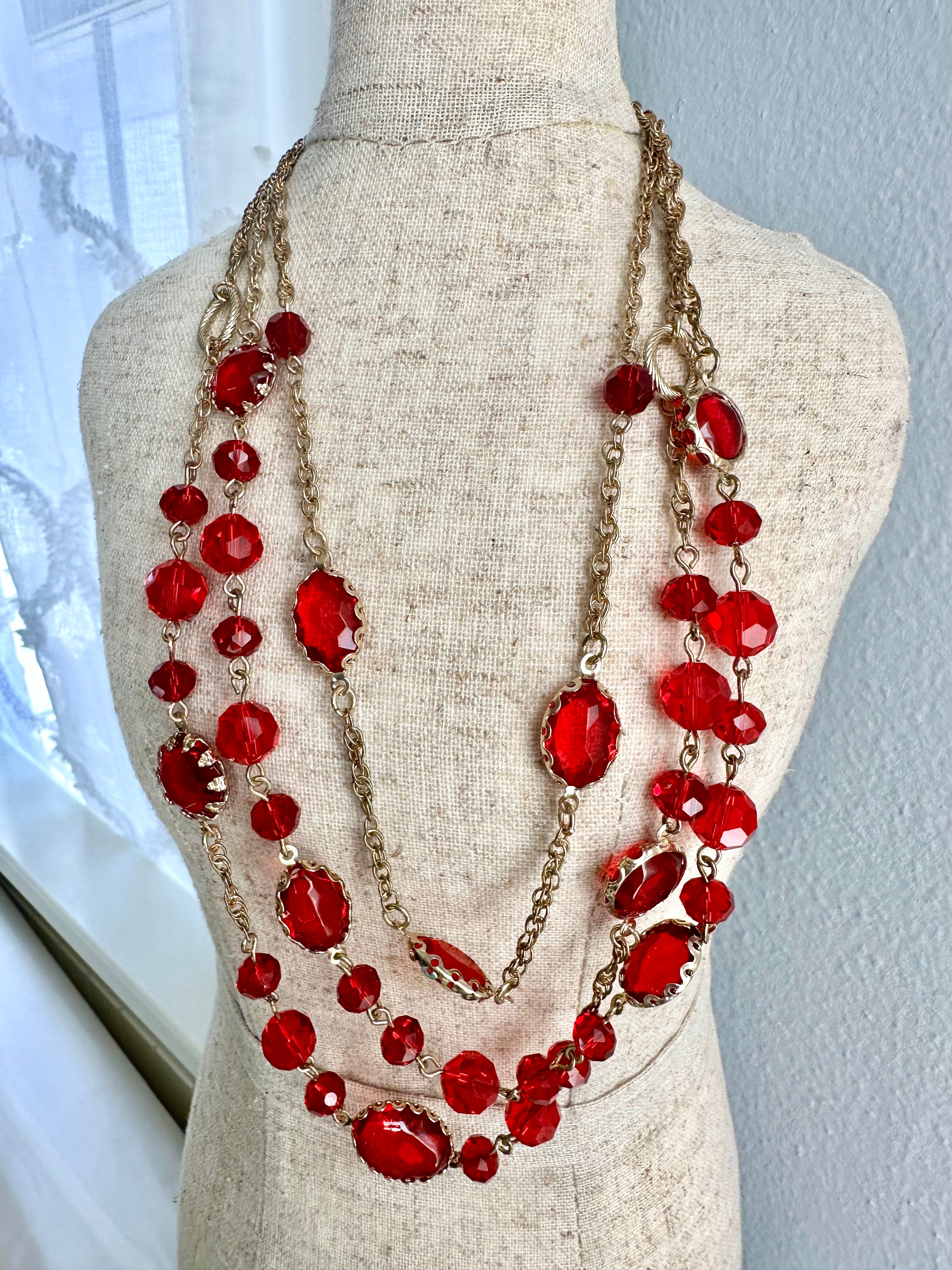 Vintage multi strand red bead necklace bold statement elegant women jewelry