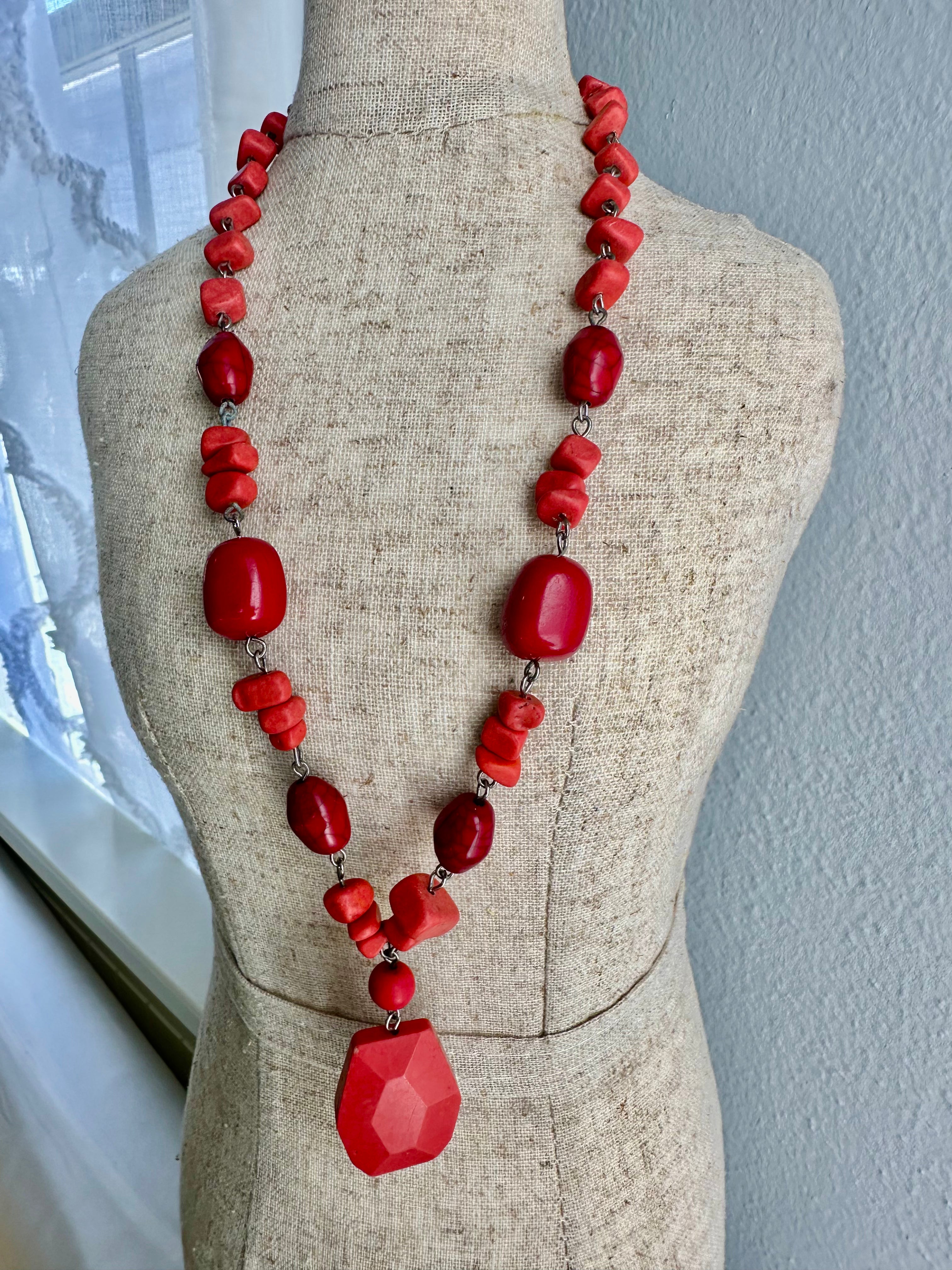 Red marbled flat coral beads necklace bold natural inspired statement jewelry