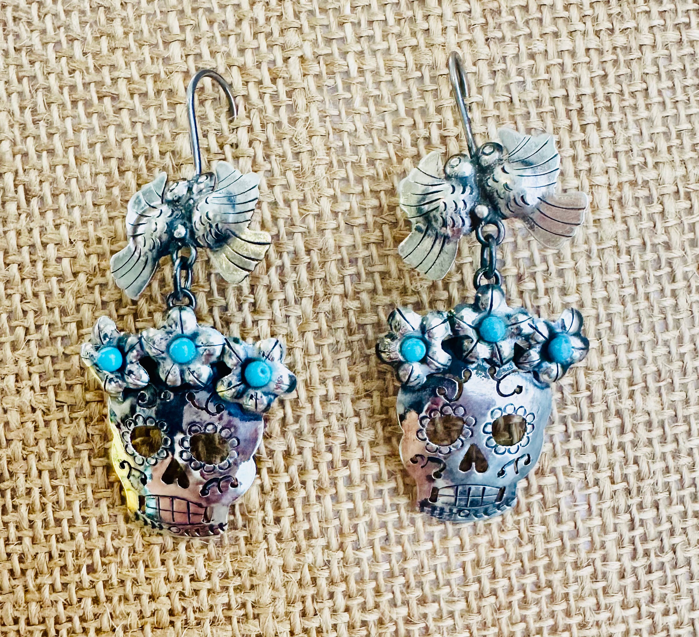 Mexican lovebird calavera sterling silver earrings with artistic skull design