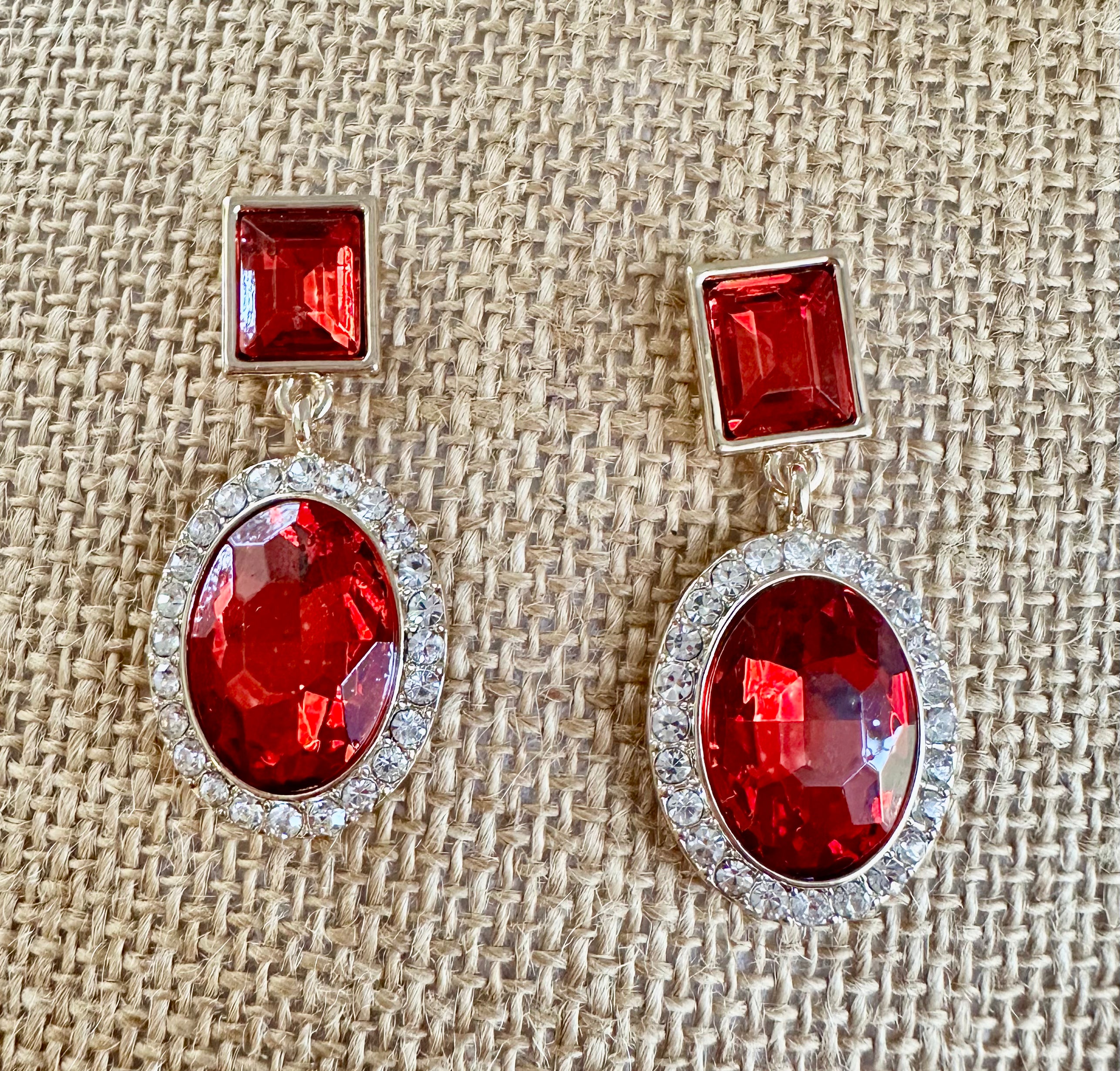 Red ruby and Austrian crystal cocktail earrings with elegant sparkling statement design