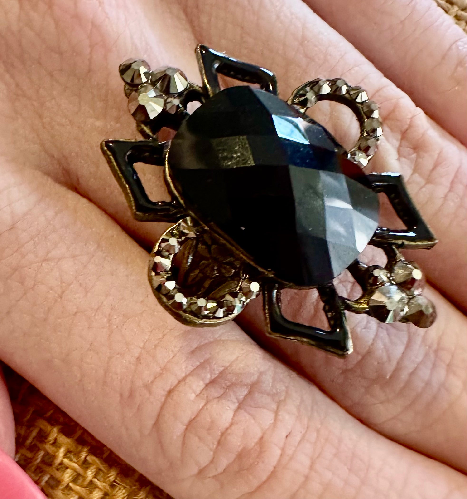 Vintage black rhinestone brooch ring with antique inspired costume jewelry design
