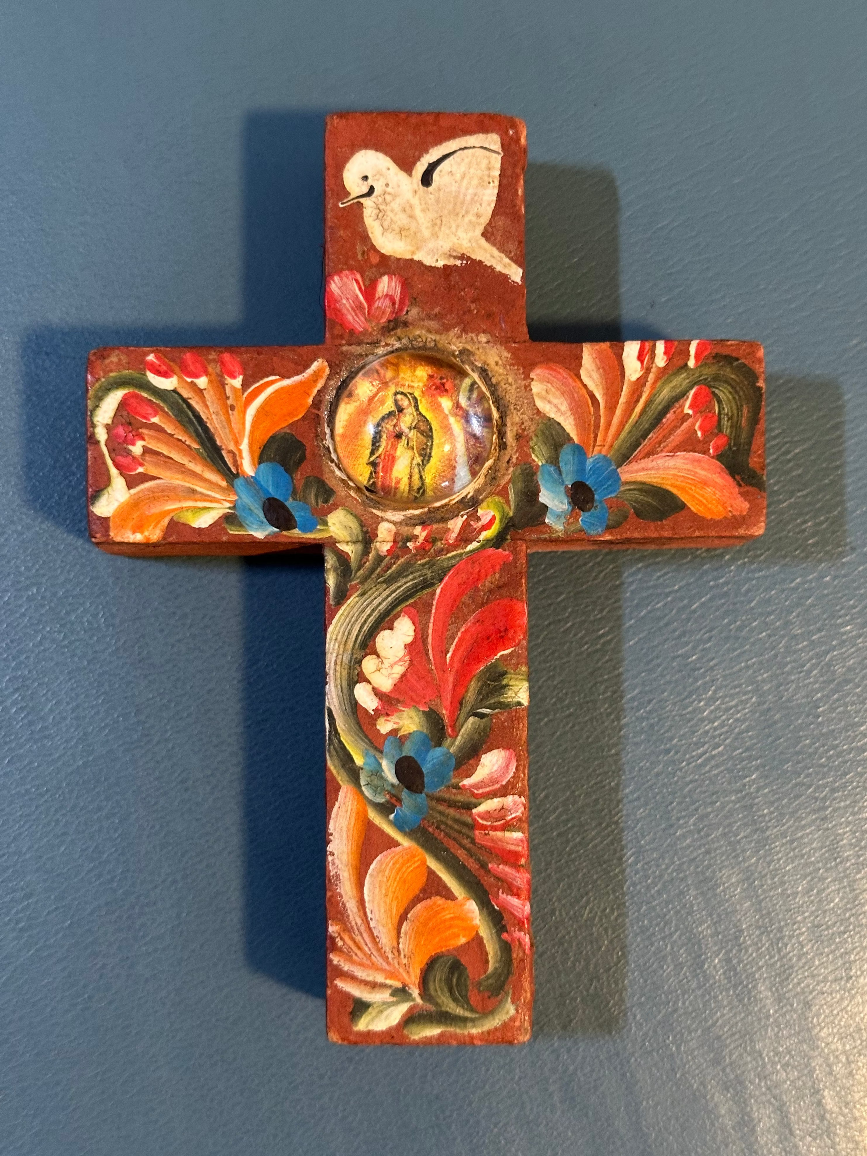 Handmade Cross with Guadalupe Pendant and Floral Design 608