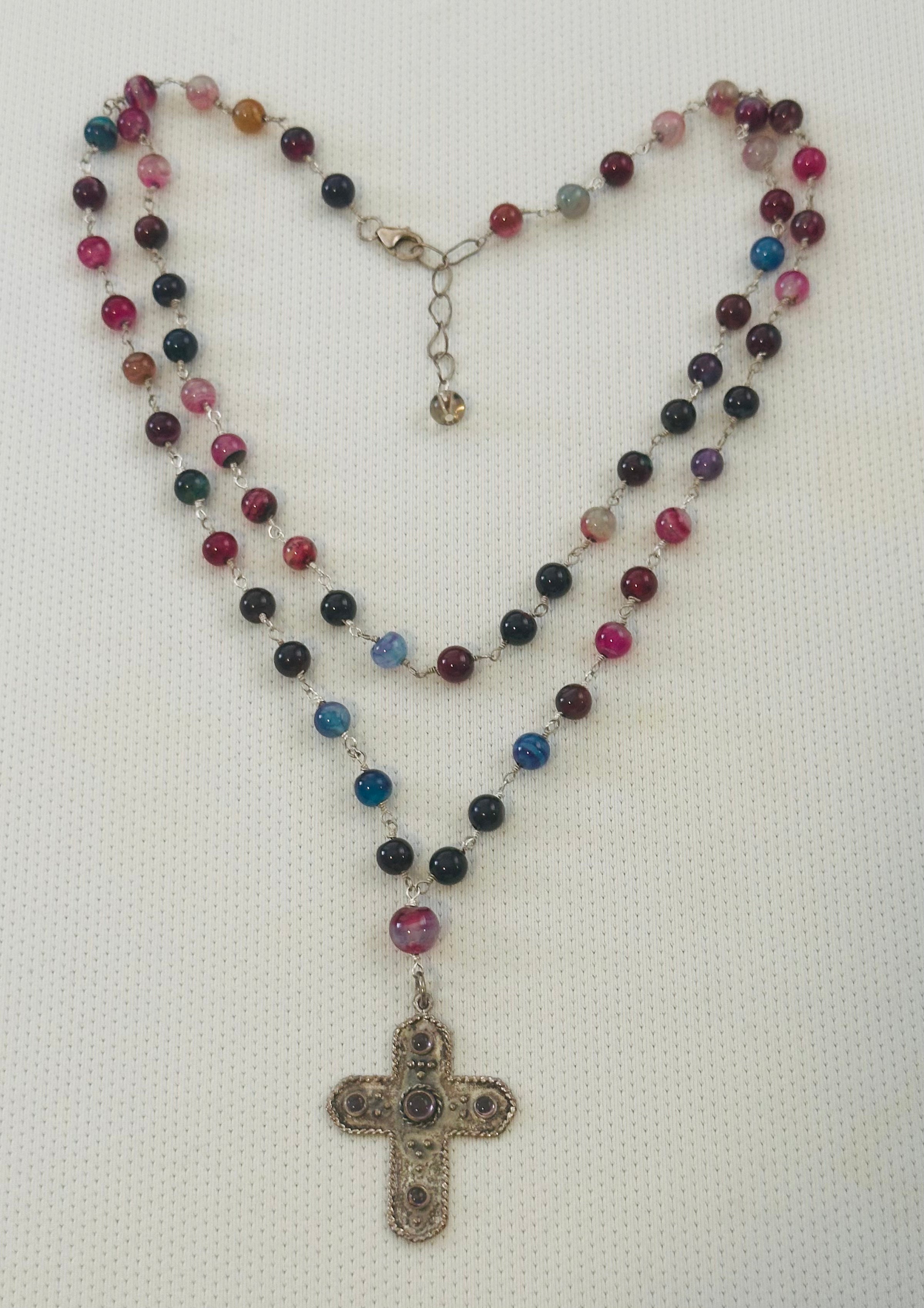 Layered Natural Multi-Stone Necklace with Cross Pendant 122