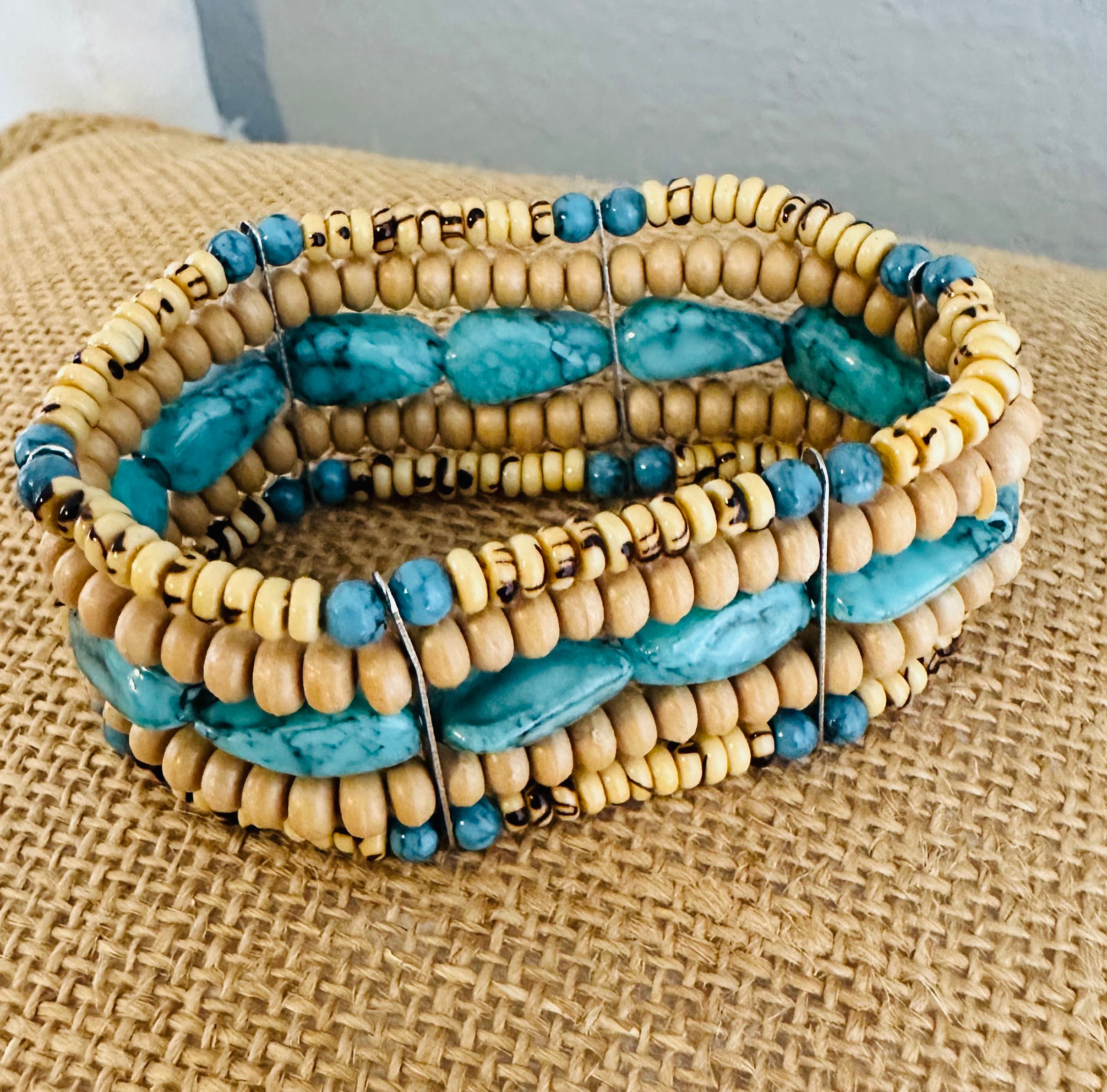 Turquoise & Sand Stacked Bead Bracelet 220