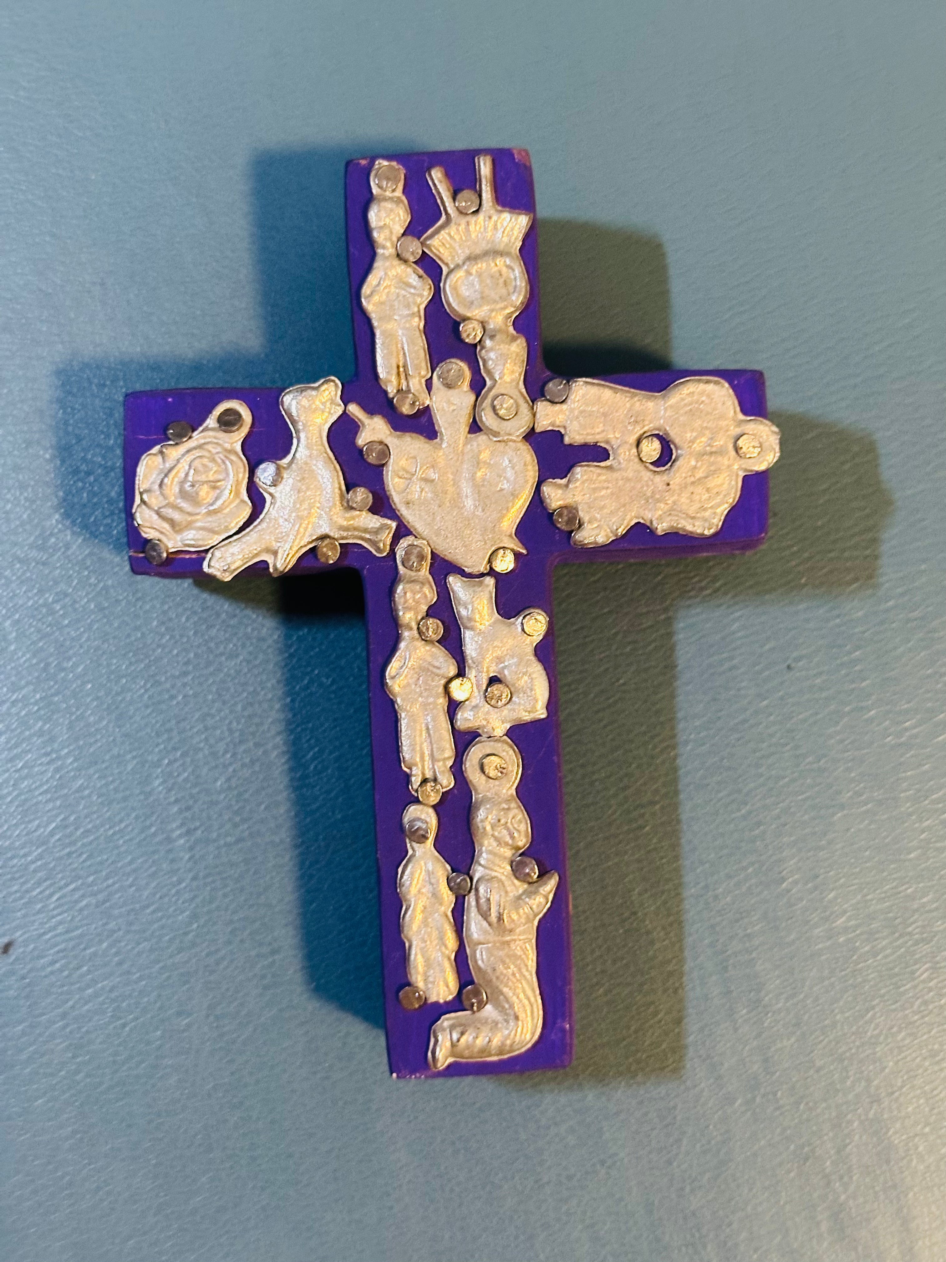 Handmade Purple Cross with Silver Milagros 609
