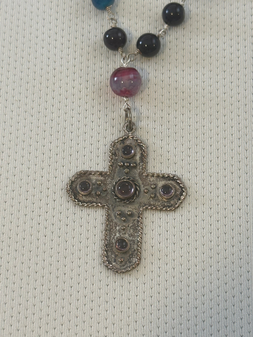 Layered Natural Multi-Stone Necklace with Cross Pendant 122