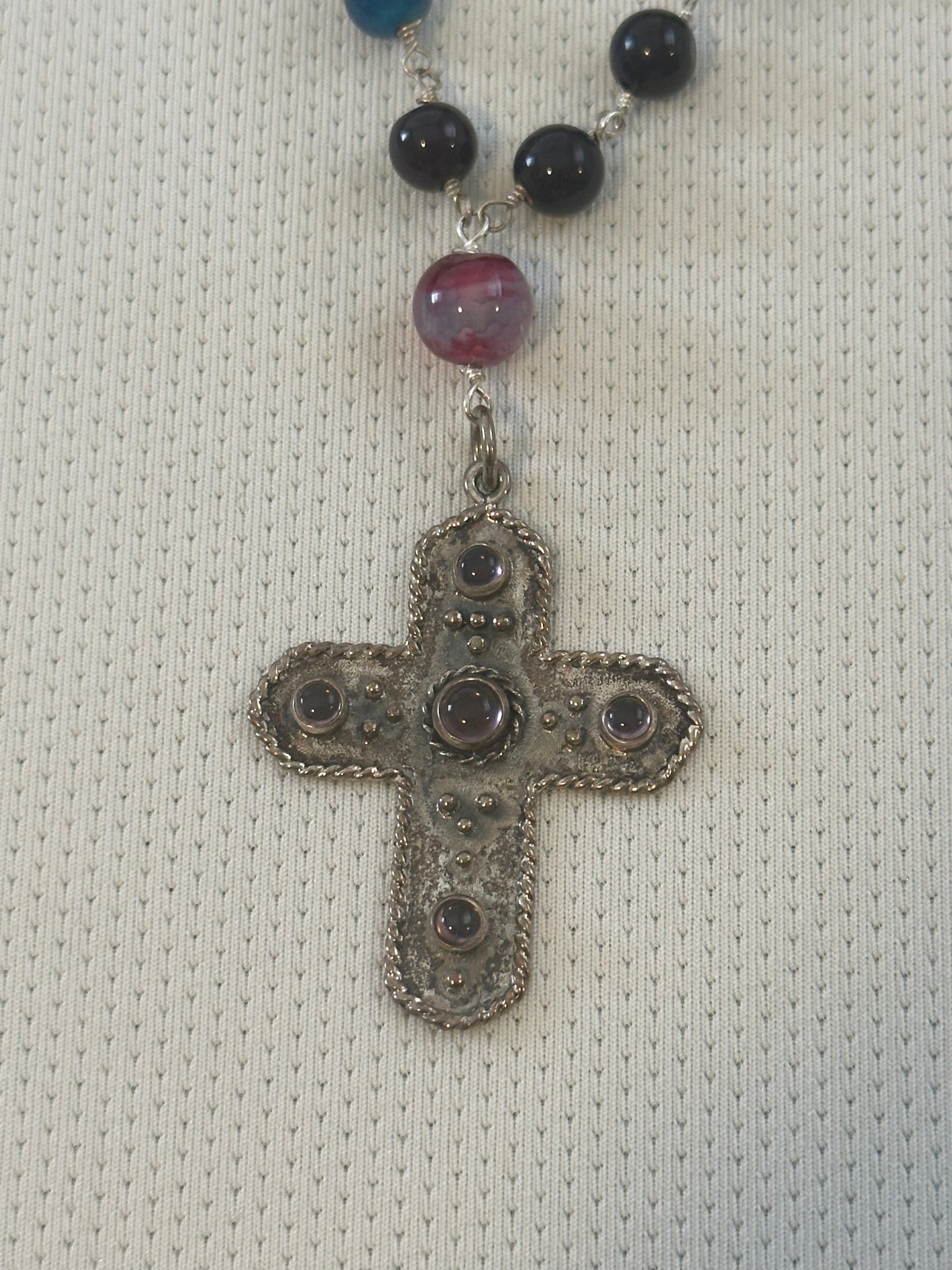 Layered Natural Multi-Stone Necklace with Cross Pendant 122