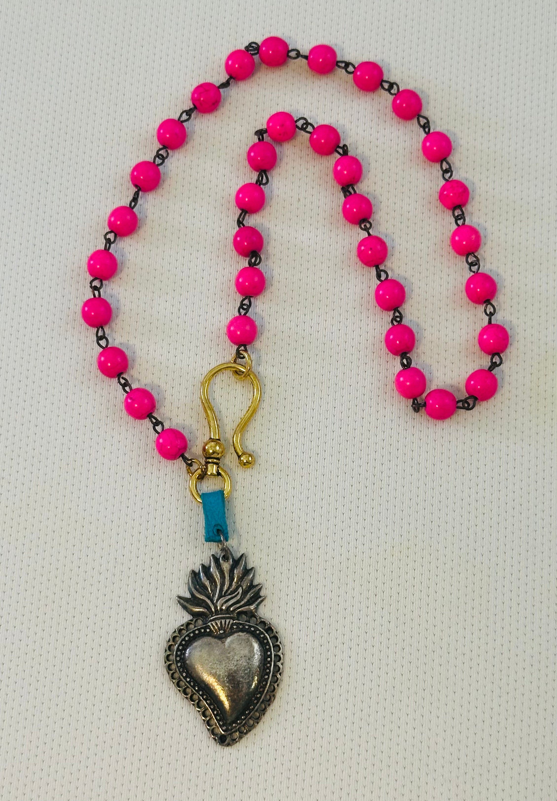 Pink Beaded Necklace with Sacred Heart Pendant 124