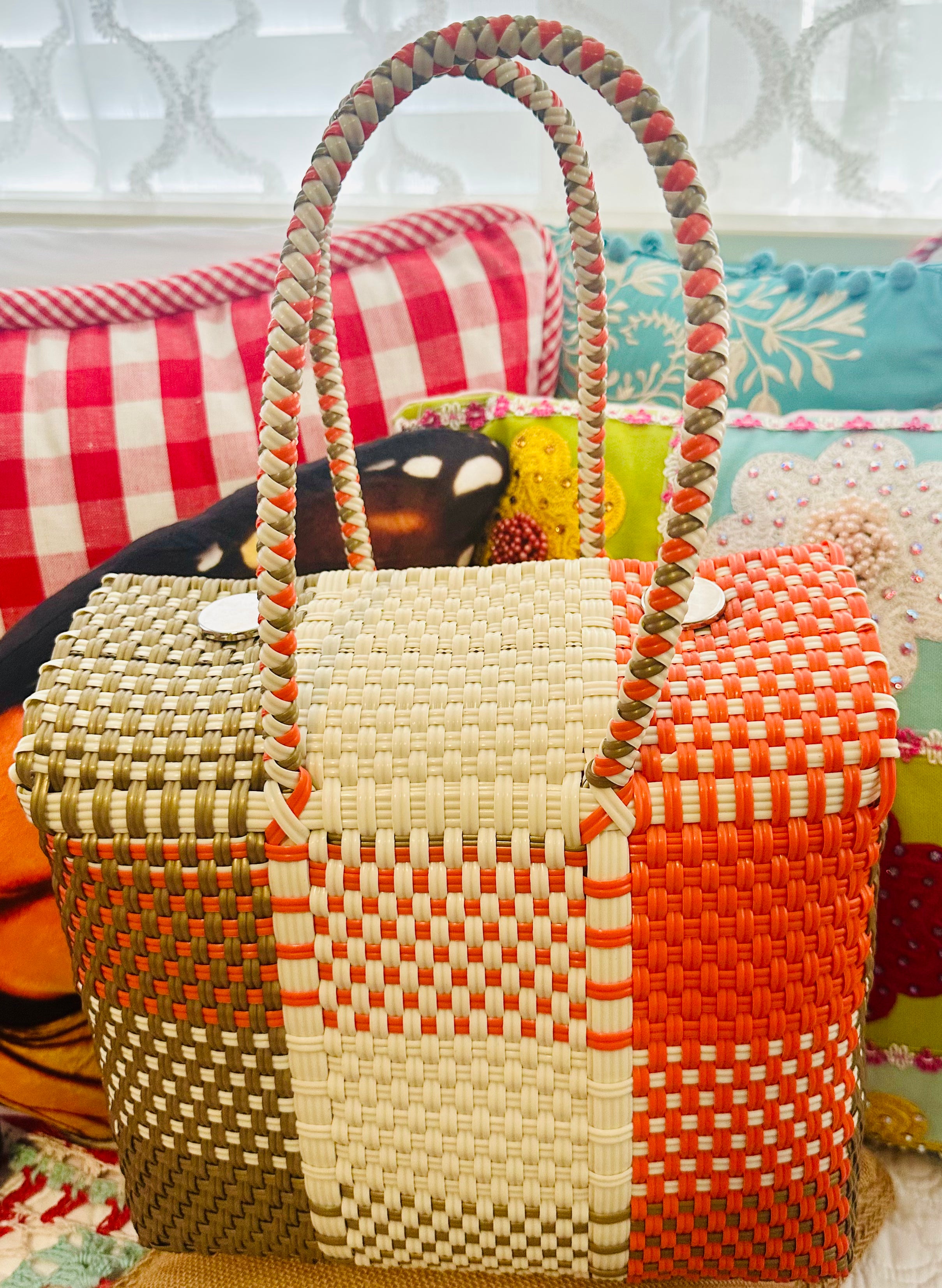 Red, Brown, & White Square Design Bag